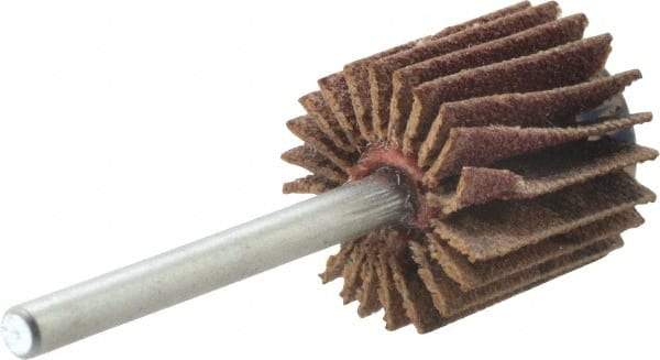 Merit Abrasives - 5/8" Diam x 5/8" Face Width, Fine Aluminum Oxide Coated Mounted Flap Wheel - 1/8" Shank Mount, 120 Grit, Cloth Backing, 37,000 Max RPM - Americas Industrial Supply