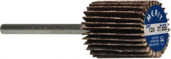 Merit Abrasives - 5/8" Diam x 3/4" Face Width, Fine Aluminum Oxide Coated Mounted Flap Wheel - 1/8" Shank Mount, 120 Grit, Cloth Backing, 37,000 Max RPM - Americas Industrial Supply