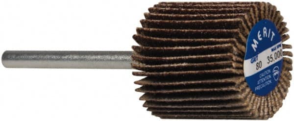 Merit Abrasives - 3/4" Diam x 3/4" Face Width, Medium Aluminum Oxide Coated Mounted Flap Wheel - 1/8" Shank Mount, 80 Grit, Cloth Backing, 35,000 Max RPM - Americas Industrial Supply