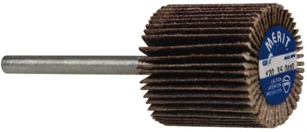 Merit Abrasives - 3/4" Diam x 3/4" Face Width, Fine Aluminum Oxide Coated Mounted Flap Wheel - 1/8" Shank Mount, 120 Grit, Cloth Backing, 35,000 Max RPM - Americas Industrial Supply