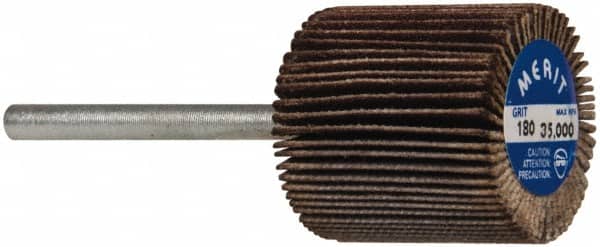 Merit Abrasives - 3/4" Diam x 3/4" Face Width, Very Fine Aluminum Oxide Coated Mounted Flap Wheel - 1/8" Shank Mount, 180 Grit, Cloth Backing, 35,000 Max RPM - Americas Industrial Supply