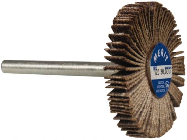 Merit Abrasives - 1-3/16" Diam x 3/16" Face Width, Fine Aluminum Oxide Coated Mounted Flap Wheel - 1/8" Shank Mount, 120 Grit, Cloth Backing, 30,000 Max RPM - Americas Industrial Supply