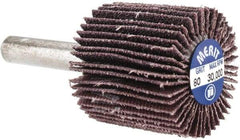 Merit Abrasives - 1" Diam x 1" Face Width, Medium Aluminum Oxide Coated Mounted Flap Wheel - 1/4" Shank Mount, 80 Grit, Cloth Backing, 30,000 Max RPM - Americas Industrial Supply