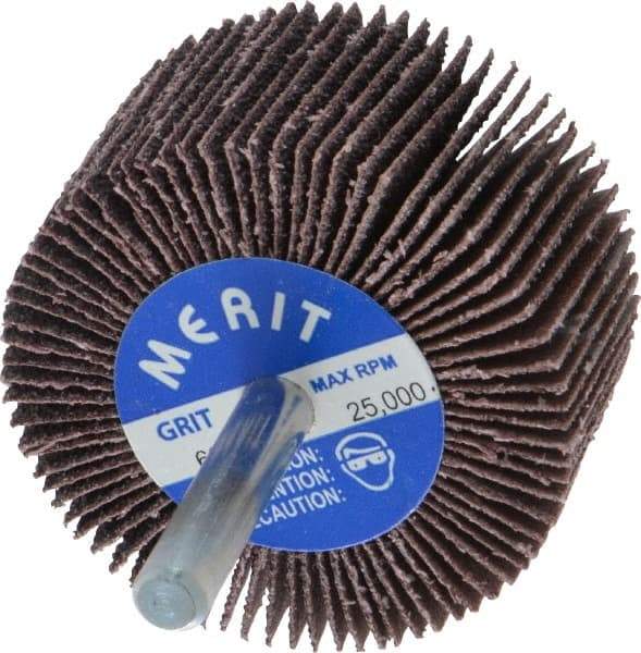 Merit Abrasives - 2" Diam x 1" Face Width, Medium Aluminum Oxide Coated Mounted Flap Wheel - 1/4" Shank Mount, 60 Grit, Cloth Backing, 25,000 Max RPM - Americas Industrial Supply