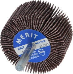 Merit Abrasives - 2" Diam x 1" Face Width, Medium Aluminum Oxide Coated Mounted Flap Wheel - 1/4" Shank Mount, 60 Grit, Cloth Backing, 25,000 Max RPM - Americas Industrial Supply