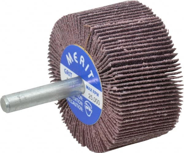 Merit Abrasives - 2" Diam x 1" Face Width, Medium Aluminum Oxide Coated Mounted Flap Wheel - 1/4" Shank Mount, 80 Grit, Cloth Backing, 25,000 Max RPM - Americas Industrial Supply