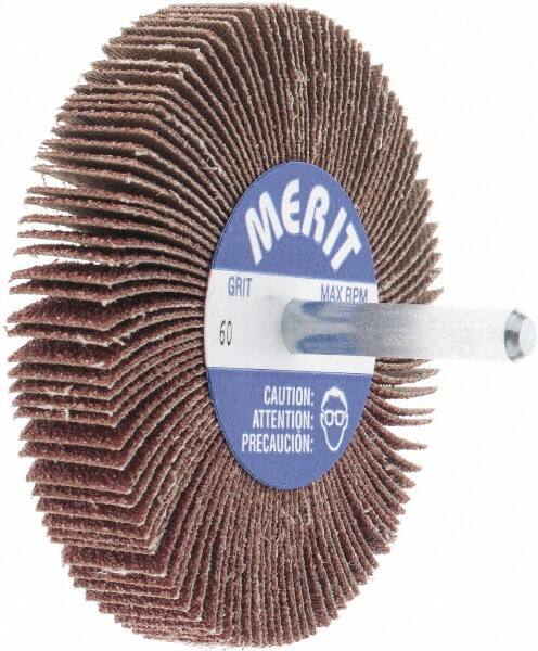 Merit Abrasives - 3" Diam x 1/2" Face Width, Medium Aluminum Oxide Coated Mounted Flap Wheel - 1/4" Shank Mount, 60 Grit, Cloth Backing, 20,000 Max RPM - Americas Industrial Supply