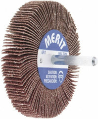 Merit Abrasives - 3" Diam x 1/2" Face Width, Medium Aluminum Oxide Coated Mounted Flap Wheel - 1/4" Shank Mount, 60 Grit, Cloth Backing, 20,000 Max RPM - Americas Industrial Supply