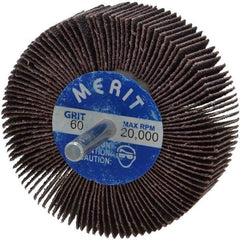 Merit Abrasives - 3" Diam x 1" Face Width, Medium Aluminum Oxide Coated Mounted Flap Wheel - 1/4" Shank Mount, 60 Grit, Cloth Backing, 20,000 Max RPM - Americas Industrial Supply