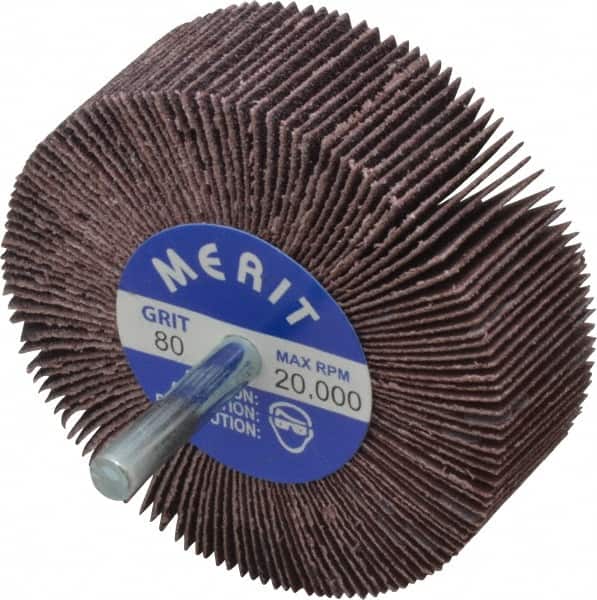Merit Abrasives - 3" Diam x 1" Face Width, Medium Aluminum Oxide Coated Mounted Flap Wheel - 1/4" Shank Mount, 80 Grit, Cloth Backing, 20,000 Max RPM - Americas Industrial Supply
