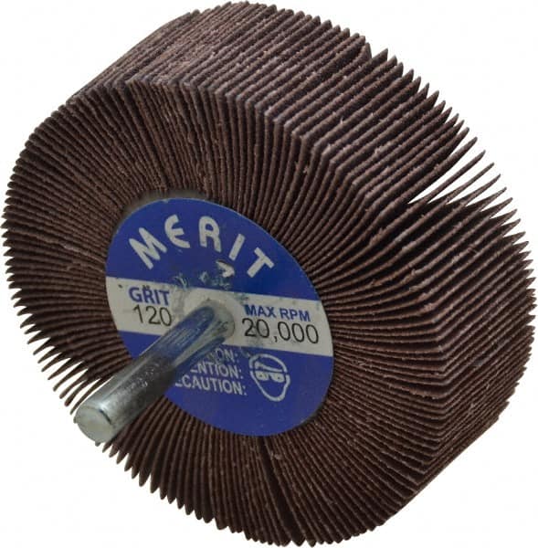 Merit Abrasives - 3" Diam x 1" Face Width, Fine Aluminum Oxide Coated Mounted Flap Wheel - 1/4" Shank Mount, 120 Grit, Cloth Backing, 20,000 Max RPM - Americas Industrial Supply