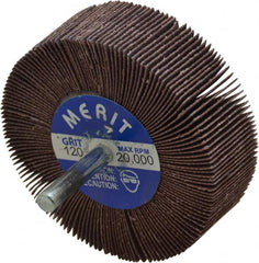 Merit Abrasives - 3" Diam x 1" Face Width, Fine Aluminum Oxide Coated Mounted Flap Wheel - 1/4" Shank Mount, 120 Grit, Cloth Backing, 20,000 Max RPM - Americas Industrial Supply