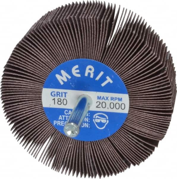Merit Abrasives - 3" Diam x 1" Face Width, Very Fine Aluminum Oxide Coated Mounted Flap Wheel - 1/4" Shank Mount, 180 Grit, Cloth Backing, 20,000 Max RPM - Americas Industrial Supply