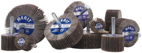 Merit Abrasives - 2" Diam x 1" Face Width, Fine Aluminum Oxide Coated Mounted Flap Wheel - 1/4" Shank Mount, 120 Grit, 30,000 Max RPM - Americas Industrial Supply