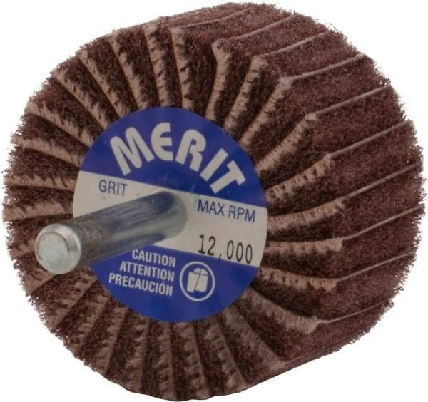 Merit Abrasives - 2" Diam x 1" Face Width, Very Fine Aluminum Oxide Nonwoven & Coated Mounted Flap Wheel - 1/4" Shank Mount, 180 Grit, Interleaf, X Weighted Cloth Backing, 12,000 Max RPM - Americas Industrial Supply