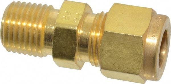 Parker - 3/8" OD, Brass Male Connector - 2,300 Max Working psi, 11/16" Hex, Comp x MNPT Ends - Americas Industrial Supply