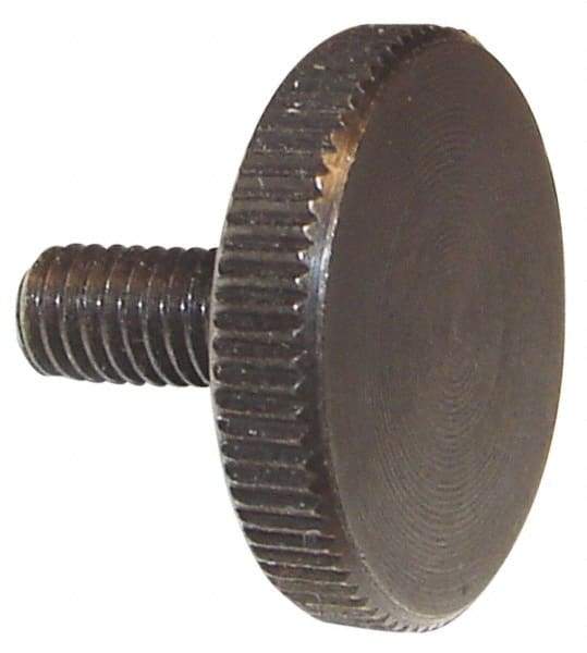 Morton Machine Works - M5x0.80 Knurled Shoulderless Grade C-1018 Steel Thumb Screw - 24mm OAL, 20mm Head Diam x 4mm Head Height, Black Oxide Finish - Americas Industrial Supply