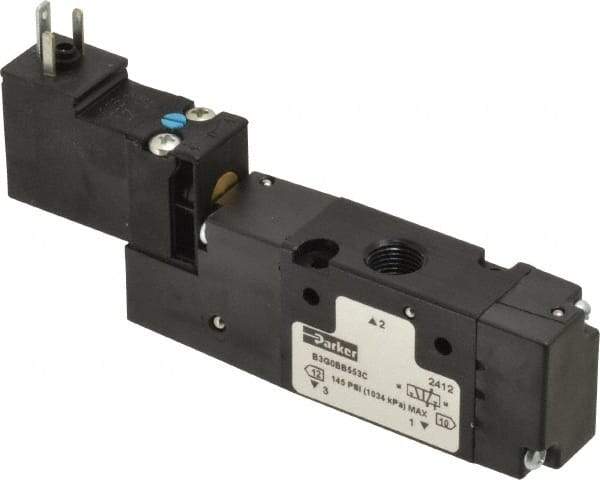 Parker - 1/8", 3-Way Body Ported Stacking Solenoid Valve - 24 VDC, 0.75 CV Rate, Air Return, 2.14" High x 4.2" Long - Americas Industrial Supply
