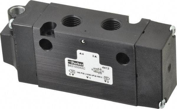 Parker - 1/4", 4-Way Body Ported Stacking Solenoid Valve - 1.4 CV Rate, Air Return, 1.89" High x 4.37" Long - Americas Industrial Supply