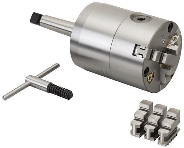 Bison - 3 Jaws, 4" Diam, Self Centering Manual Lathe Chuck - 3MT Mount Spindle, Adjustable, Reversible, 2,500 Max RPM, 1.18" Through Hole Diam, Forged Steel - Americas Industrial Supply