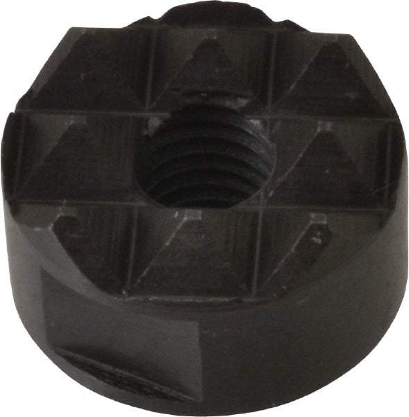 Fairlane - 1/4-28 Thread, 5/8" Diam, 3/8" High, Threaded, Coarse Tooth Grade Diamond Serration Tooth Pattern, High Speed Steel, Round Positioning Gripper - 3/16" Flat Width, Black Oxide Coated - Americas Industrial Supply