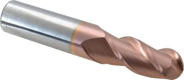 Accupro - 11/16" Diam, 1-1/2" LOC, 3 Flute Solid Carbide Ball End Mill - TiCN Finish, Single End, 4" OAL, 3/4" Shank Diam, Spiral Flute - Americas Industrial Supply