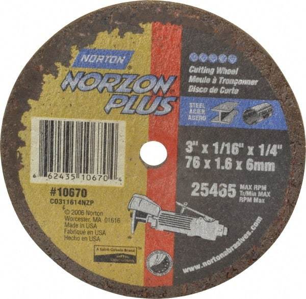 Norton - 3" Ceramic Cutoff Wheel - 1/16" Thick, 1/4" Arbor, 25,465 Max RPM, Use with Die Grinders - Americas Industrial Supply