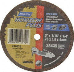 Norton - 3" Ceramic Cutoff Wheel - 1/16" Thick, 1/4" Arbor, 25,465 Max RPM, Use with Die Grinders - Americas Industrial Supply