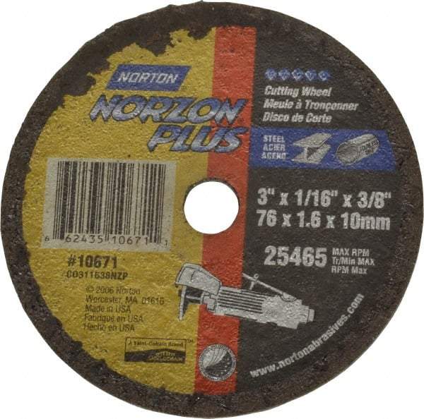 Norton - 3" Ceramic Cutoff Wheel - 1/16" Thick, 3/8" Arbor, 25,465 Max RPM, Use with Die Grinders - Americas Industrial Supply