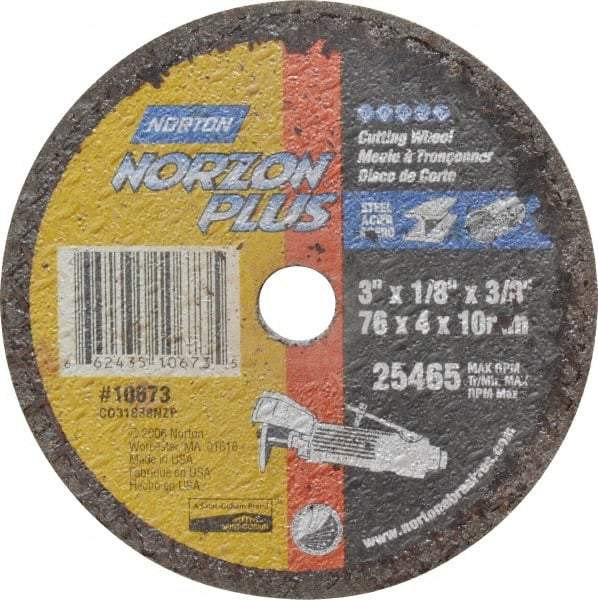 Norton - 3" Ceramic Cutoff Wheel - 1/8" Thick, 3/8" Arbor, 25,465 Max RPM, Use with Die Grinders - Americas Industrial Supply