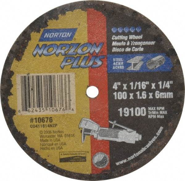 Norton - 4" 36 Grit Ceramic Cutoff Wheel - 1/16" Thick, 1/4" Arbor, 19,100 Max RPM, Use with Die Grinders - Americas Industrial Supply