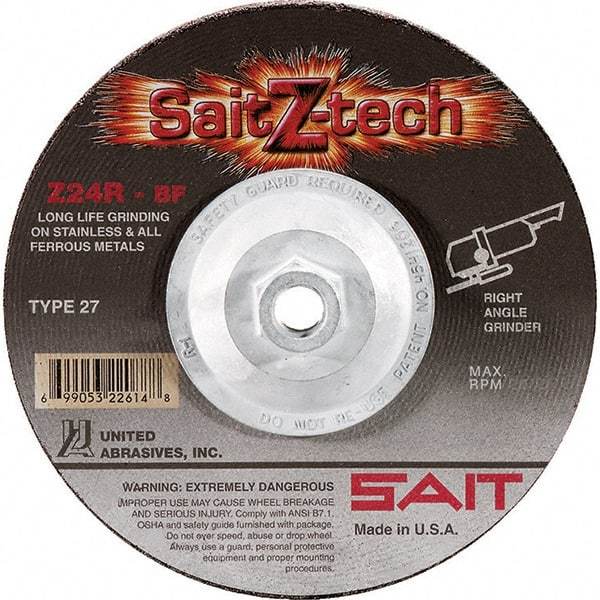 Sait - 24 Grit, 5" Wheel Diam, 1/4" Wheel Thickness, Type 27 Depressed Center Wheel - Zirconia Alumina, Resinoid Bond, R Hardness, 12,200 Max RPM, Compatible with Angle Grinder - Americas Industrial Supply