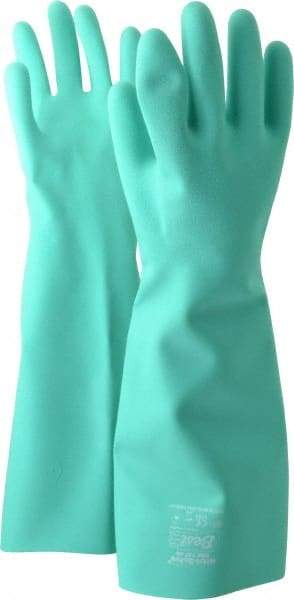 SHOWA - Size L (9), 19" Long, 22 mil Thick, Nitrile Chemical Resistant Gloves - Textured Finish, Slip-On Cuff, ANSI Abrasion Level 4, ANSI Cut Level 0, ANSI Puncture Level 1, Green, FDA Approved - Americas Industrial Supply