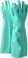 SHOWA - Size L (9), 19" Long, 22 mil Thick, Nitrile Chemical Resistant Gloves - Textured Finish, Slip-On Cuff, ANSI Abrasion Level 4, ANSI Cut Level 0, ANSI Puncture Level 1, Green, FDA Approved - Americas Industrial Supply