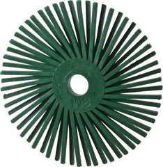 3M - 3" Diam, 3/8" Max Face Width, Plain Hole Radial Bristle Brush - 50 Grit, Coarse Grade, 25,000 Max RPM, Green - Americas Industrial Supply