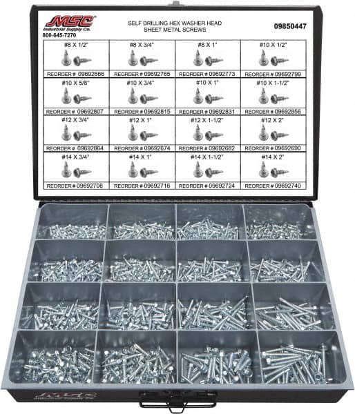 Value Collection - 1,025 Piece, #8x3/4 to 1/4x2, Steel Sheet Metal Screw Assortment - Hex Washer Head, Hex Drive, 1/2 to 2" Long, Zinc-Plated Finish - Americas Industrial Supply