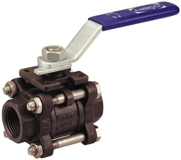NIBCO - 1/2" Pipe, Full Port, Carbon Steel Standard Ball Valve - 3 Piece, Inline - One Way Flow, FNPT x FNPT Ends, Locking Lever Handle, 1,000 WOG - Americas Industrial Supply
