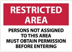 NMC - "Restricted Area - Persons Not Assigned to This Area Must Obtain Permission Before Entering", 10" Long x 14" Wide, Rigid Plastic Safety Sign - Rectangle, 0.05" Thick, Use for Security & Admittance - Americas Industrial Supply