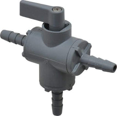 Specialty Mfr - 1/4" Pipe, PVC Standard Ball Valve - Three Way, Barbed x Barbed x Barbed Ends, Wedge Handle, 125 WOG - Americas Industrial Supply