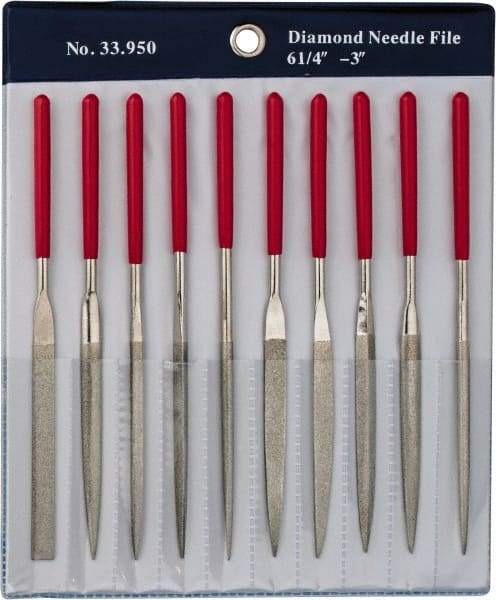 Grobet - 10 Piece Diamond Pattern File Set - 6-1/4" Long, Medium Coarseness, Set Includes Flat, Round, Square, Three Square - Americas Industrial Supply