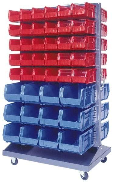 Quantum Storage - 500 Lb Capacity, 25" Deep x 36" Wide x 64" High, Steel Mobile Rack - 2 Sides, 48 Red Polyethylene/Polypropylene Bins - Americas Industrial Supply