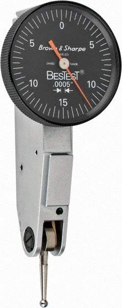 TESA Brown & Sharpe - 0.03 Inch Range, 0.0005 Inch Dial Graduation, Horizontal Dial Test Indicator - 1 Inch Black Dial, 0-15-0 Dial Reading - Americas Industrial Supply