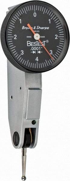 TESA Brown & Sharpe - 0.008 Inch Range, 0.0001 Inch Dial Graduation, Horizontal Dial Test Indicator - 1 Inch Black Dial, 0-4-0 Dial Reading - Americas Industrial Supply