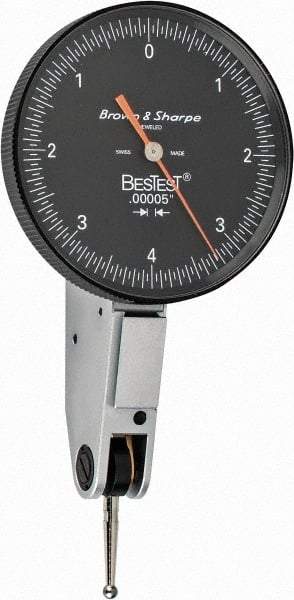 TESA Brown & Sharpe - 0.008 Inch Range, 0 Inch Dial Graduation, Horizontal Dial Test Indicator - 1-1/2 Inch Black Dial, 0-4-0 Dial Reading - Americas Industrial Supply