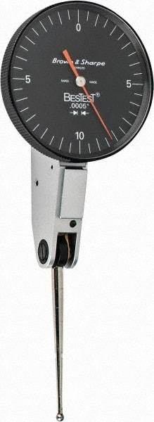 TESA Brown & Sharpe - 0.02 Inch Range, 0.0005 Inch Dial Graduation, Horizontal Dial Test Indicator - 1-1/2 Inch Black Dial, 0-10-0 Dial Reading - Americas Industrial Supply