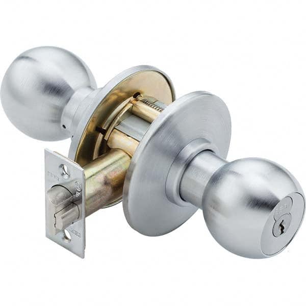 Knob Locksets; Type: Entrance; Tumbler; Door Thickness: 1 3/4 - 2 1/8; Back Set: 2-3/4; Material: Brass; Finish/Coating: Satin Chrome; Antimicrobial Coated; Compatible Door Thickness: 1 3/4 - 2 1/8; Material: Brass; Design/Shape: Ball Knob; Additional Inf