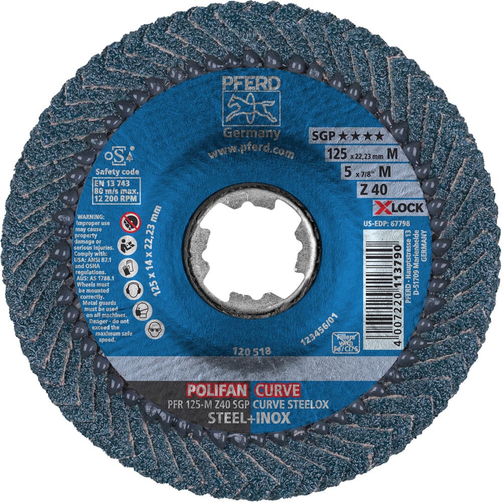 Flap Disc: 7/8″ Hole, 40 Grit, Zirconia Alumina, Compact Coated, Fiber-Backed, 12,200 RPM