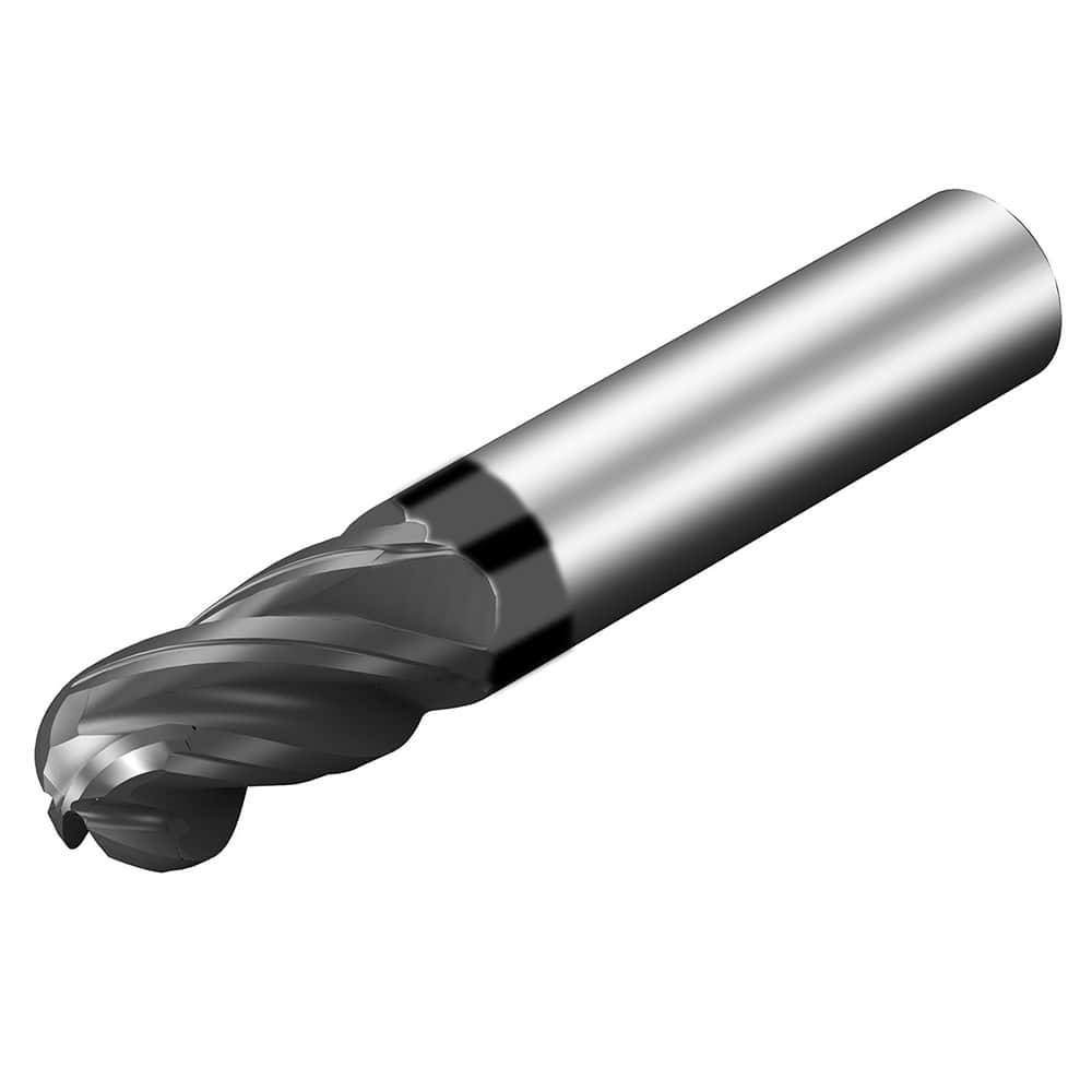 Ball End Mill: 0.25″ Dia, 0.375″ LOC, 4 Flute, Solid Carbide 2″ OAL, 1/4″ Shank Dia, 36.5 ° Helix, AlTiN Coated, Single End, Series CoroMill Dura