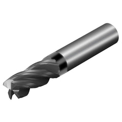 Corner Radius End Mill: 0.313″ Dia, 1/2″ LOC, 0.03″ Radius, 4 Flutes, Solid Carbide 2″ OAL, 0.313″ Shank Dia, 36.5 ° Helix, AlTiN Coated, Corner Radius End, Centercutting, Series CoroMill Dura