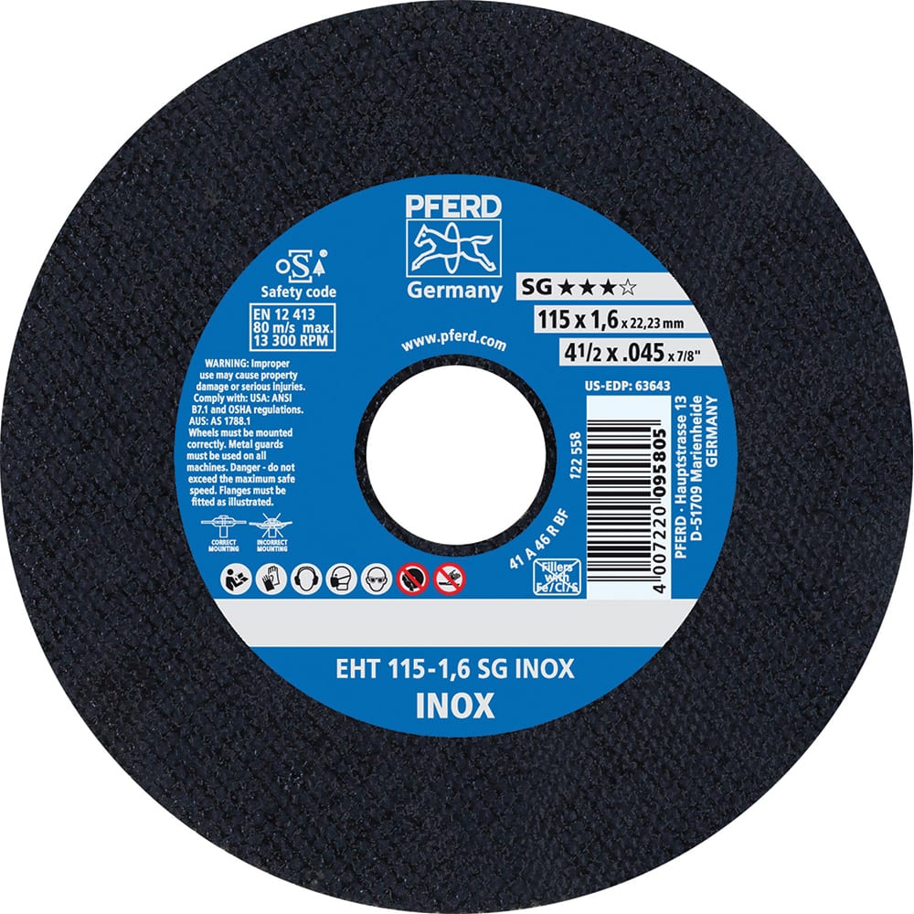 PFERD - Cutoff Wheels; Tool Compatibility: Angle Grinder ; Wheel Diameter (Inch): 4-1/2 ; Wheel Thickness (Inch): 0.0450 ; Abrasive Material: Aluminum Oxide ; Maximum RPM: 13300.000 ; Grit: 46 - Exact Industrial Supply